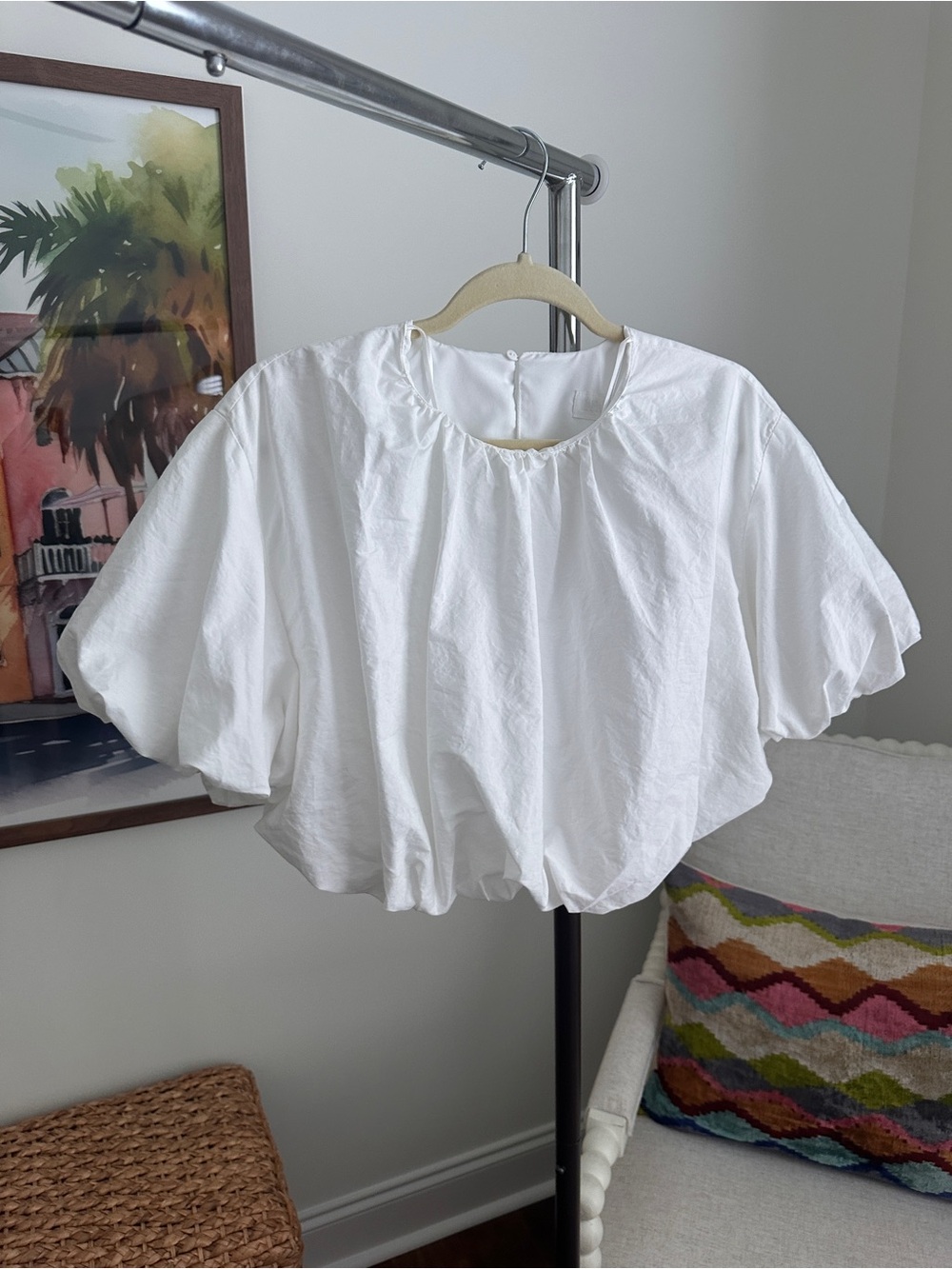 Zara White Short Balloon Sleeve Cotton Blouse